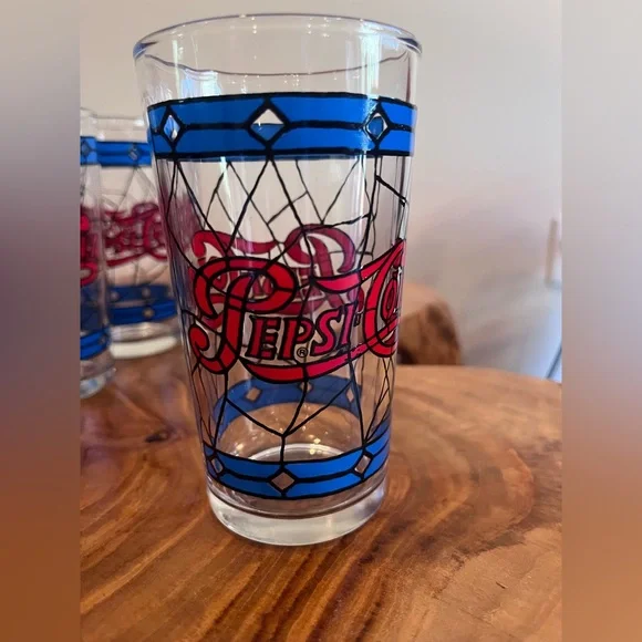 Vintage 1970s Pepsi-Cola Tiffany Stained Glass Inspired Glassware Set of 6 - Picture 3 of 9